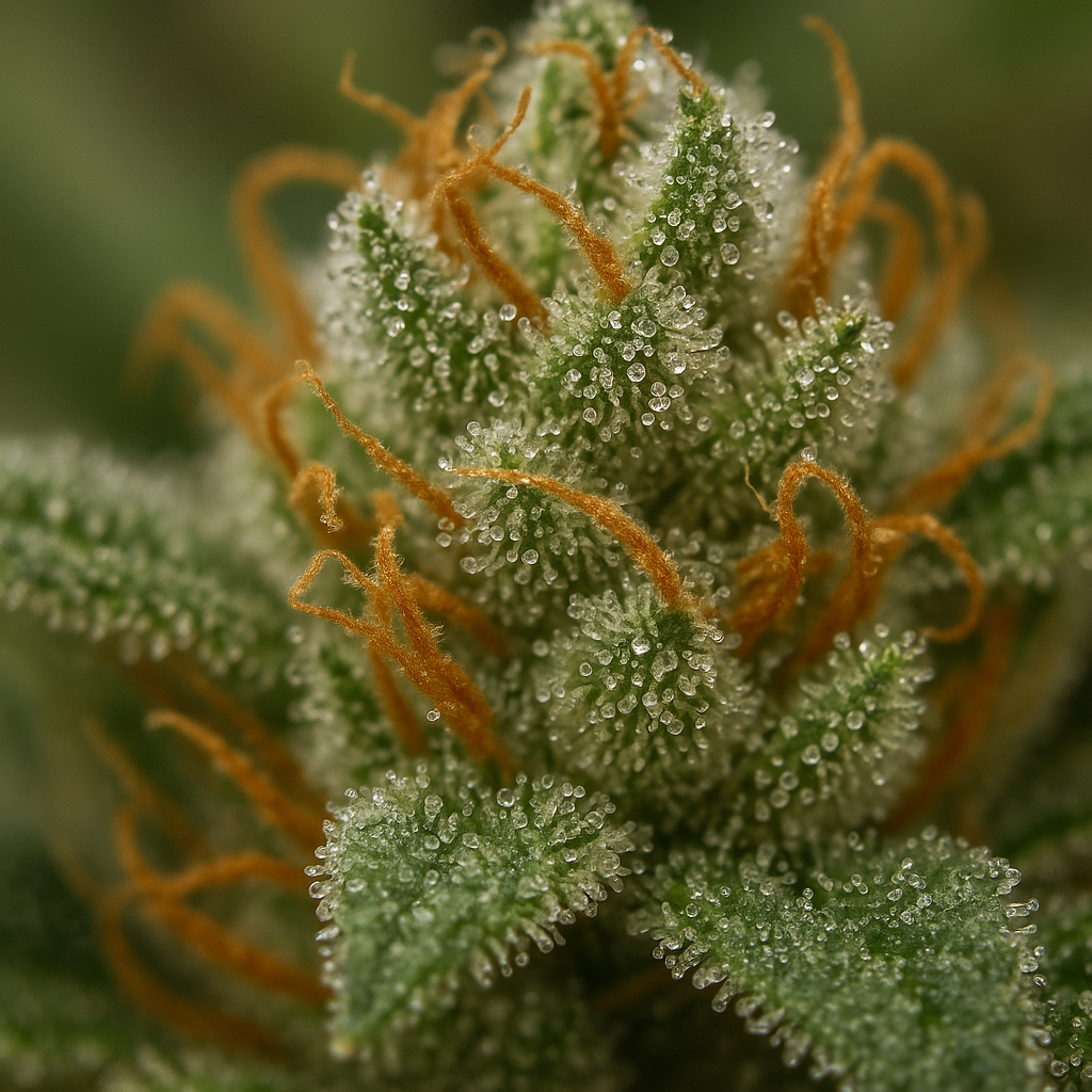 Master Kush Feminized dense cola bud closeup trichomes