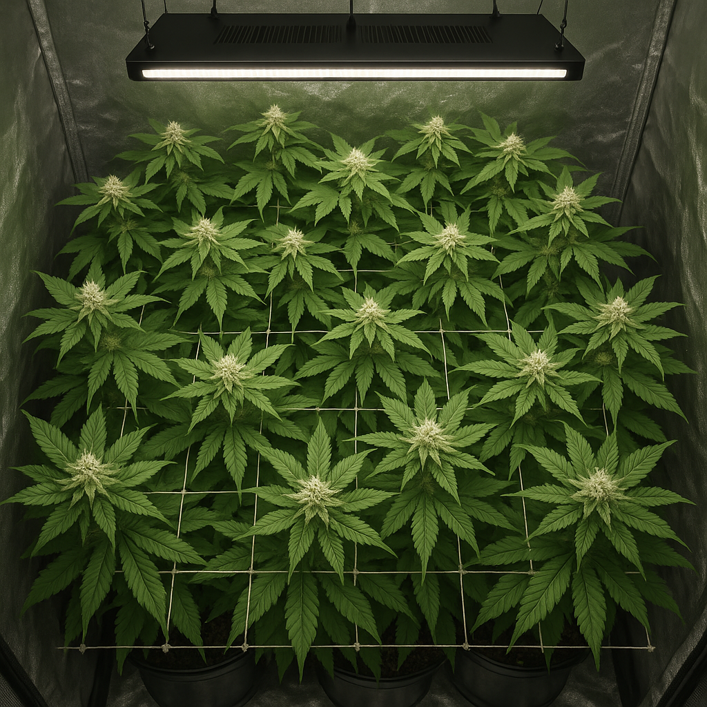OG Kush feminized indoor canopy SCROG setup